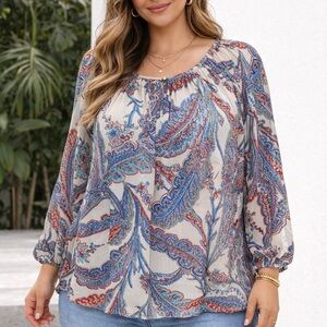 CHAPS Women Top 1X Cream Blue Red Floral Paisley Peasant Blouse Flowy Semi Sheer